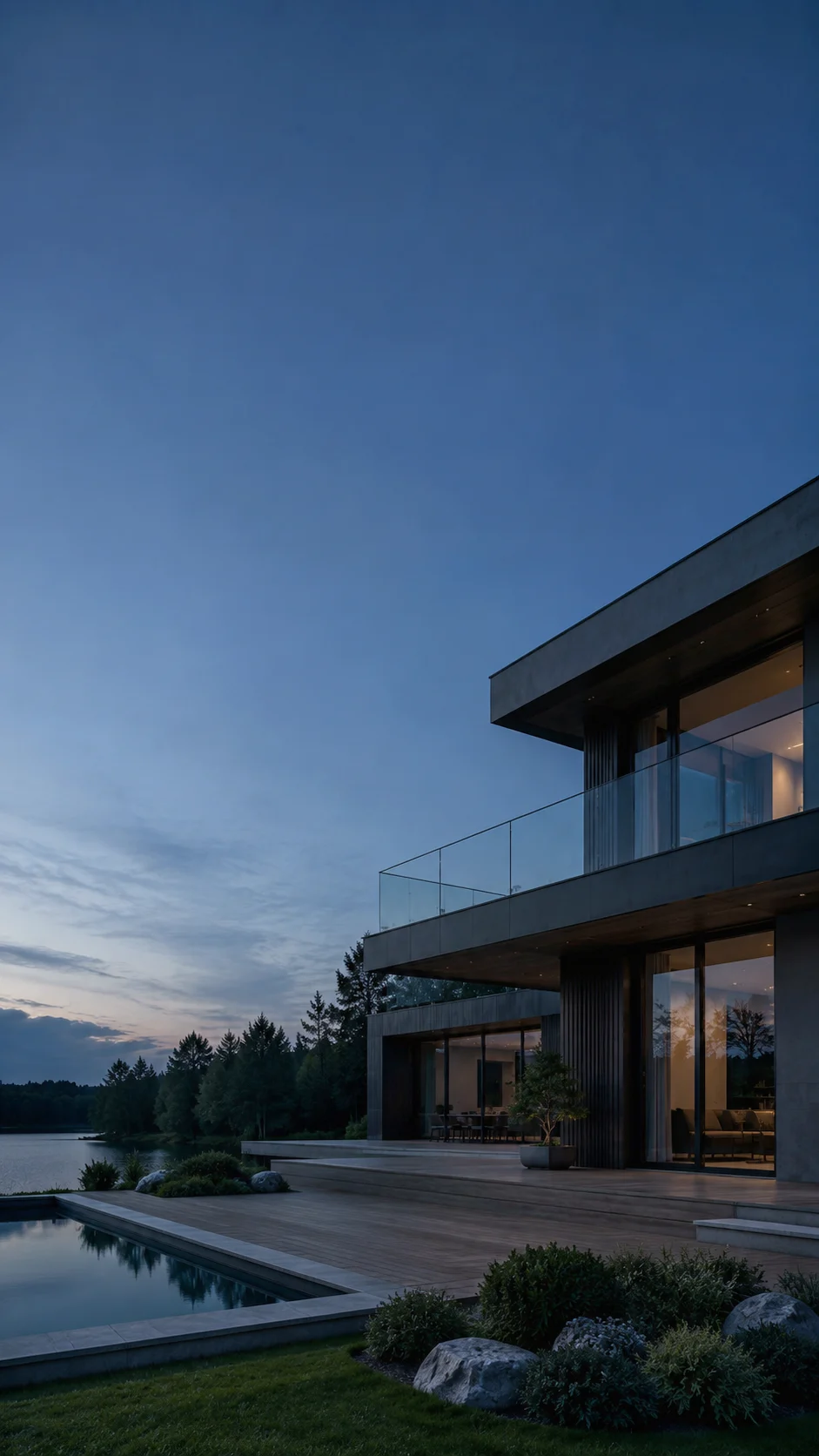 Modern villa vid skymning med släckt utebelysning