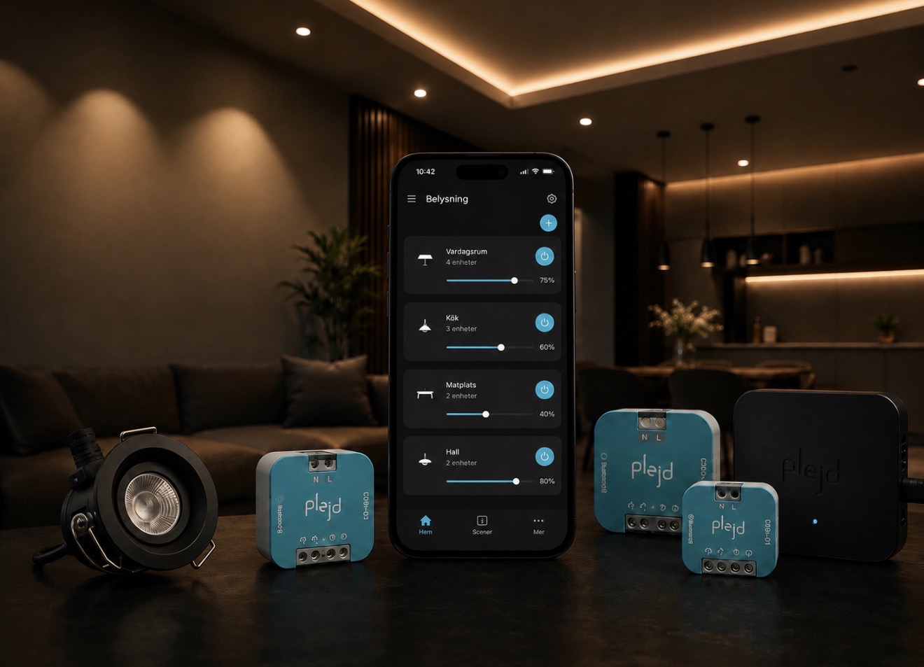 Plejd smart belysning – app i mobilen och Plejd-moduler för dimring och styrning